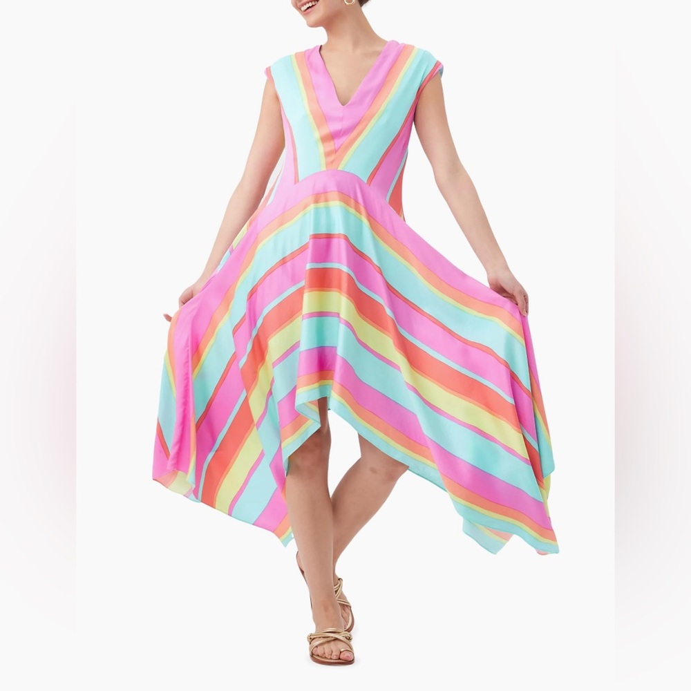 Trina Turk Havia V Neck Handkerchief  Hem Striped Maxi Dress size 8 NWT